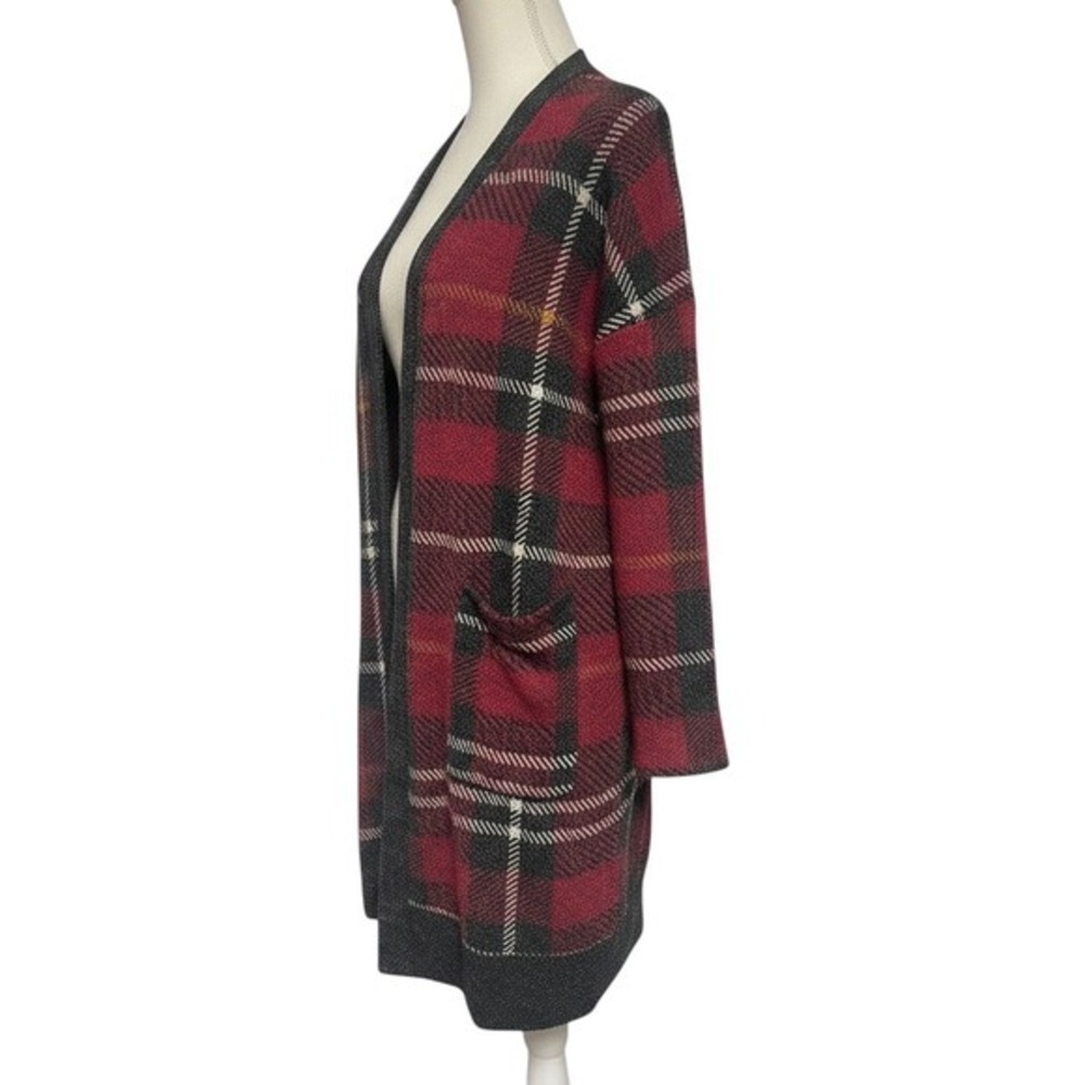 Visamor Holiday Plaid Open Front Long Cardigan Sweater Women's Small